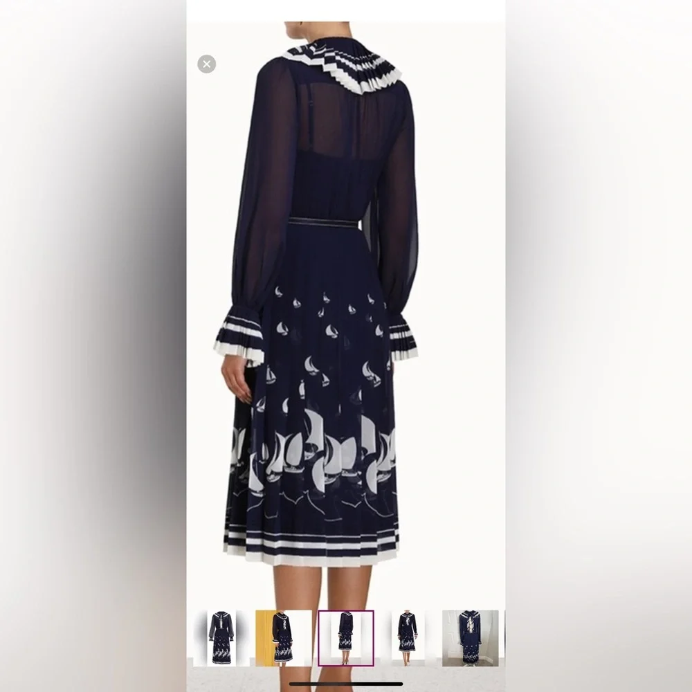 Zimmermann Navy and White Pleated Sailboat Midi Dress with Bow Neck - Picture 2 of 4